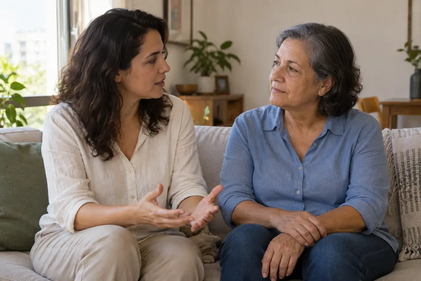 Duas mulheres adultas em uma conversa tranquila em casa