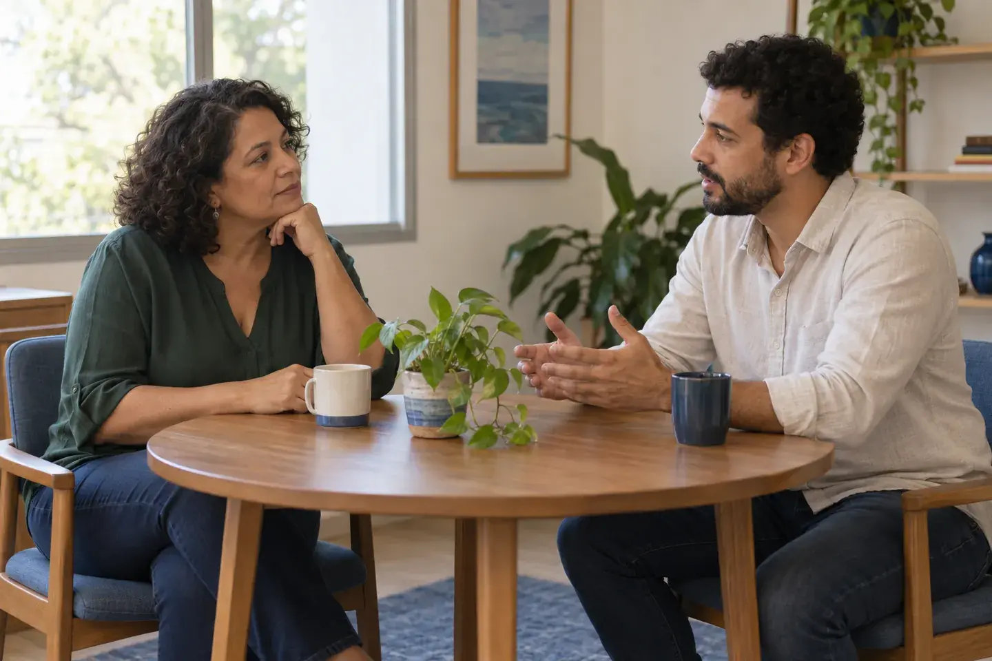 Duas pessoas adultas conversando à mesa em ambiente acolhedor